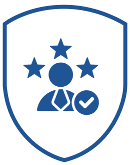 Badge with person, stars, and checkmark icon.