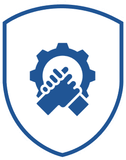 Shield with handshake and gear icon.