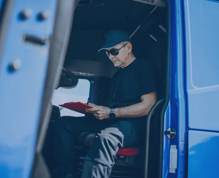 Man reading documents inside a truck cabin.