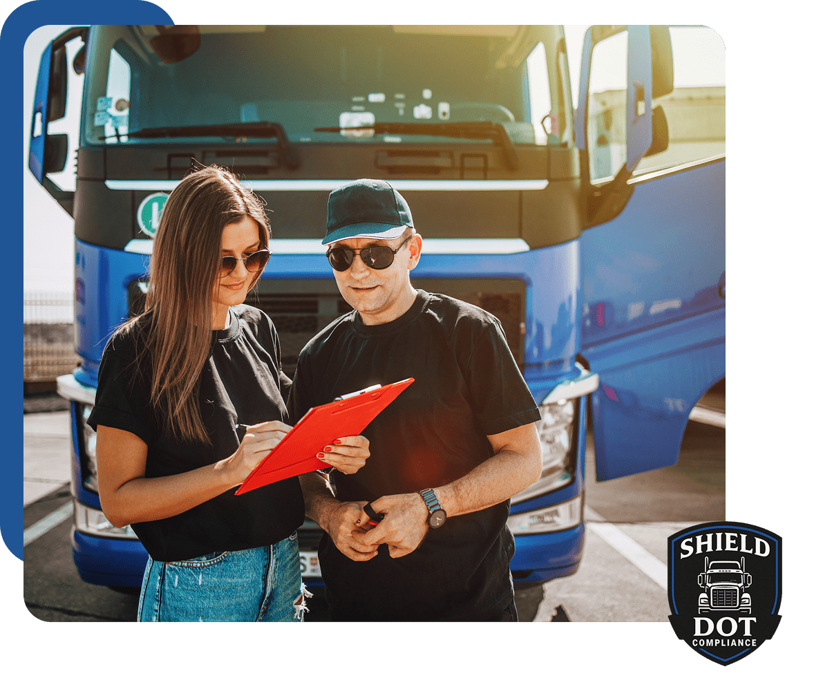 Two people examining a red tablet outdoors by a truck.