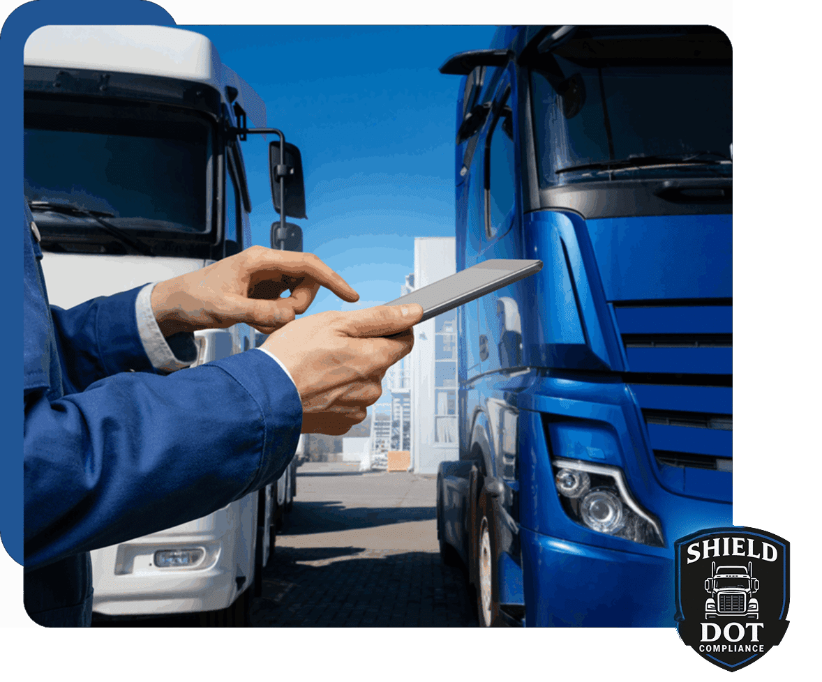 A person holding a clipboard between two parked trucks.