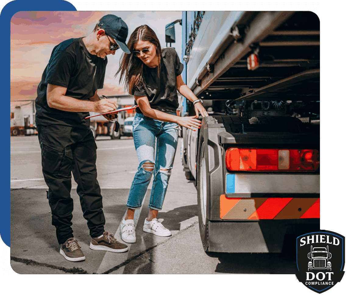 Two people checking a phone by a large truck on the road.