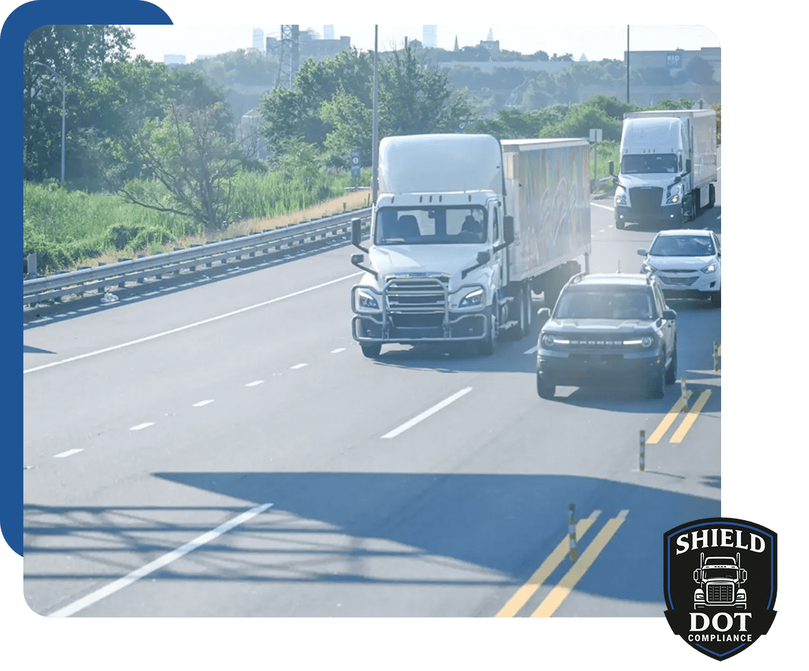Two trucks and a car driving on a highway surrounded by greenery.