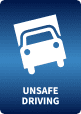 Warning sign showing a tilted car and the text 'UNSAFE DRIVING'.